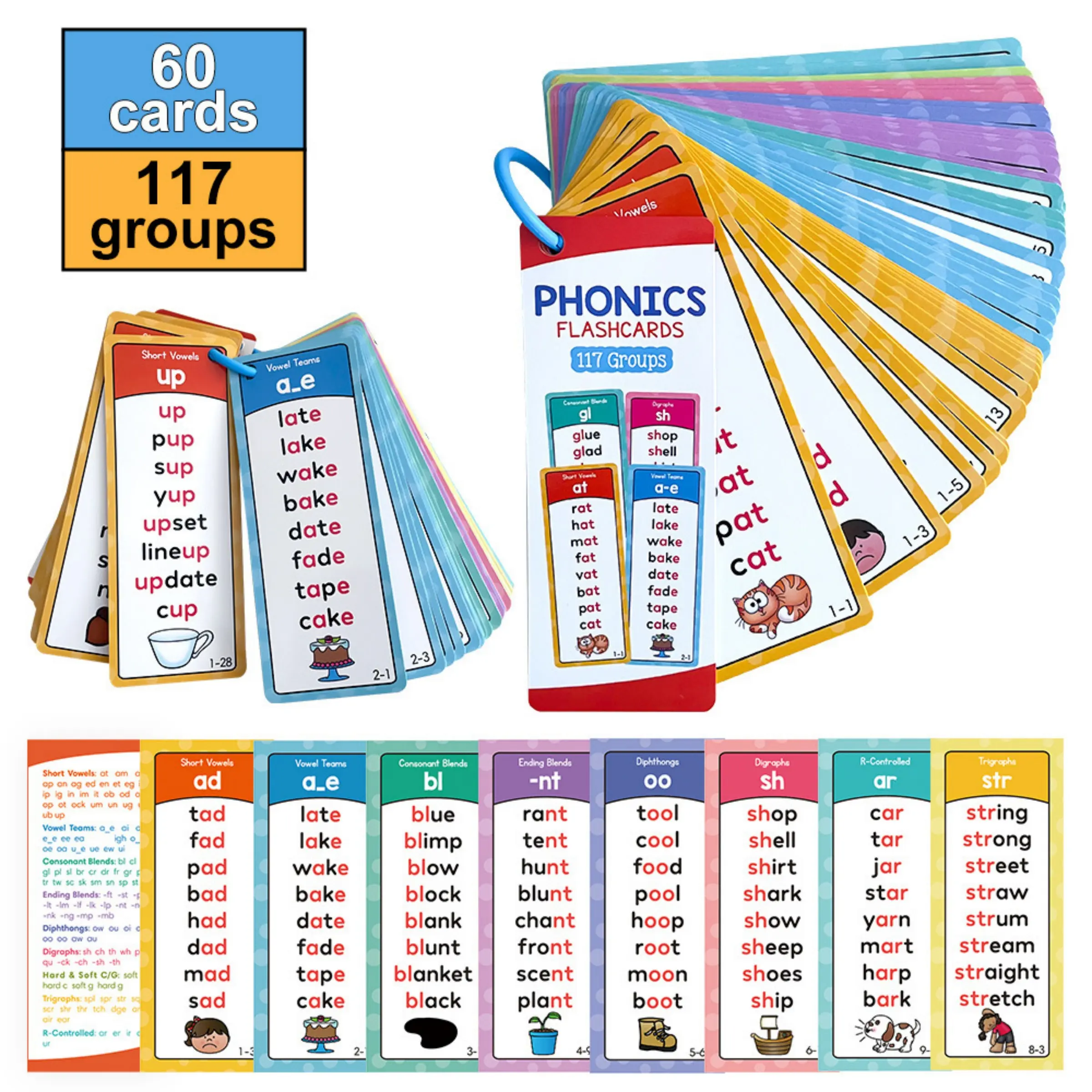Phonics Word List Card Set, 60pcs/set 117 Groups Pronunciation Word List, Vocabulary Building Aids, Learning Materials with Over 900 Pronounced Rhyming Words, Classroom Supplies, Preschool Learning Materials
