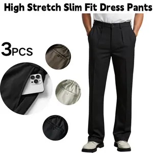 Men’s 3-Pack High-Stretch Slim-Fit Formal Wear Dress Pants, Polyester Fabric Mid-Waist Straight-Leg Long Trousers with Elastic Waistband for Office Commuting and Formal Occasions, Multi-Size Menswear Bottoms,summervibes