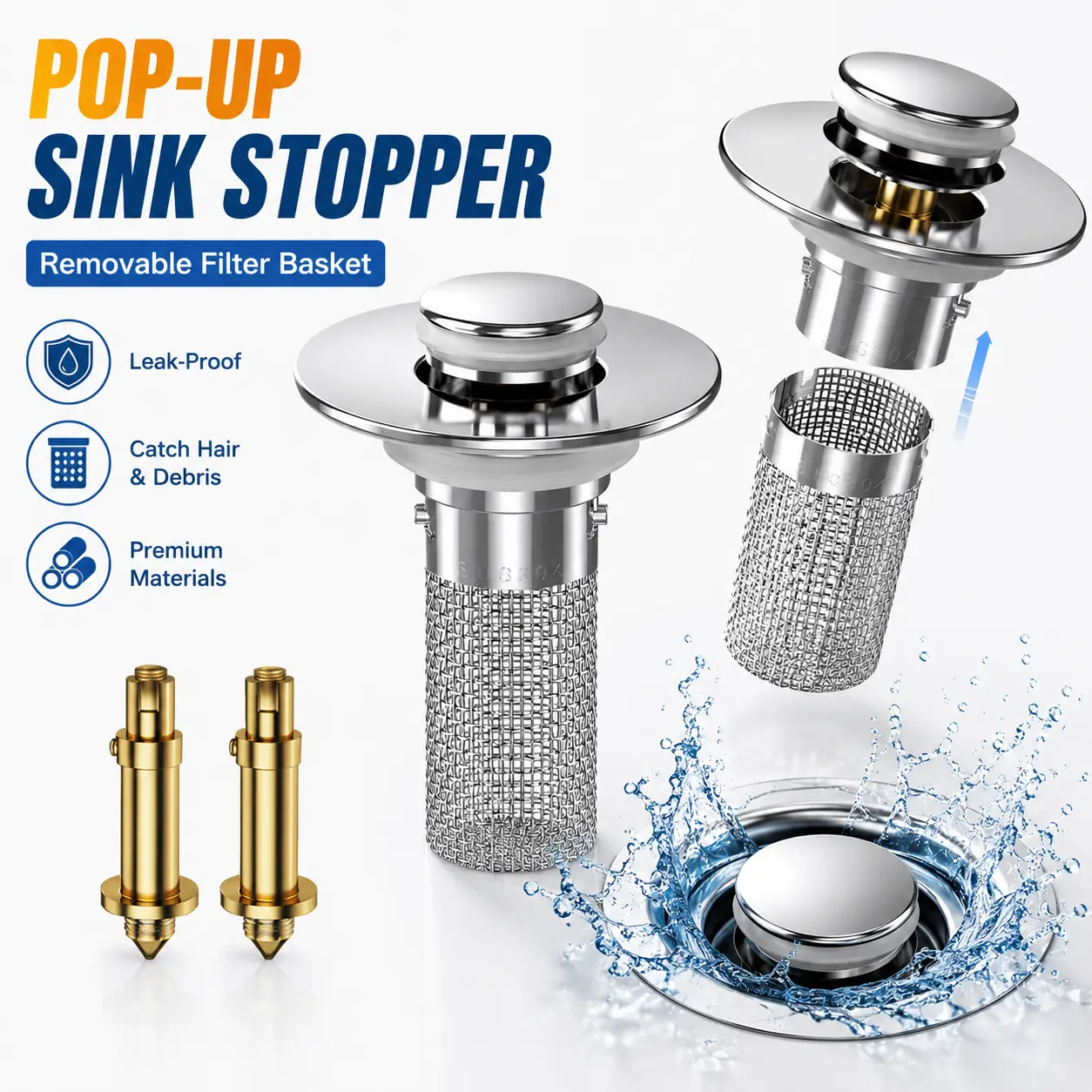 2-Piece Pop-Up Sink Drain Filter with Hair Catcher Basket, Stainless Steel, Brass Plug, Anti-Odor, Easy Installation and Cleaning, Universal Fit for US Bathroom Sinks, Bathtubs, Showers, Floor Drains, Bathroom Accessories, Home Essentials
