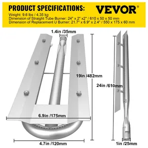 VEVOR BBQ Burners Replacement, Stainless Steel Burner Grill Part Kit, 3 Packs BBQ Burners Replacement, Grill Burner Replacement with Air Flap Barbecue Replacement Parts with Evenly Burning for Gas Gri