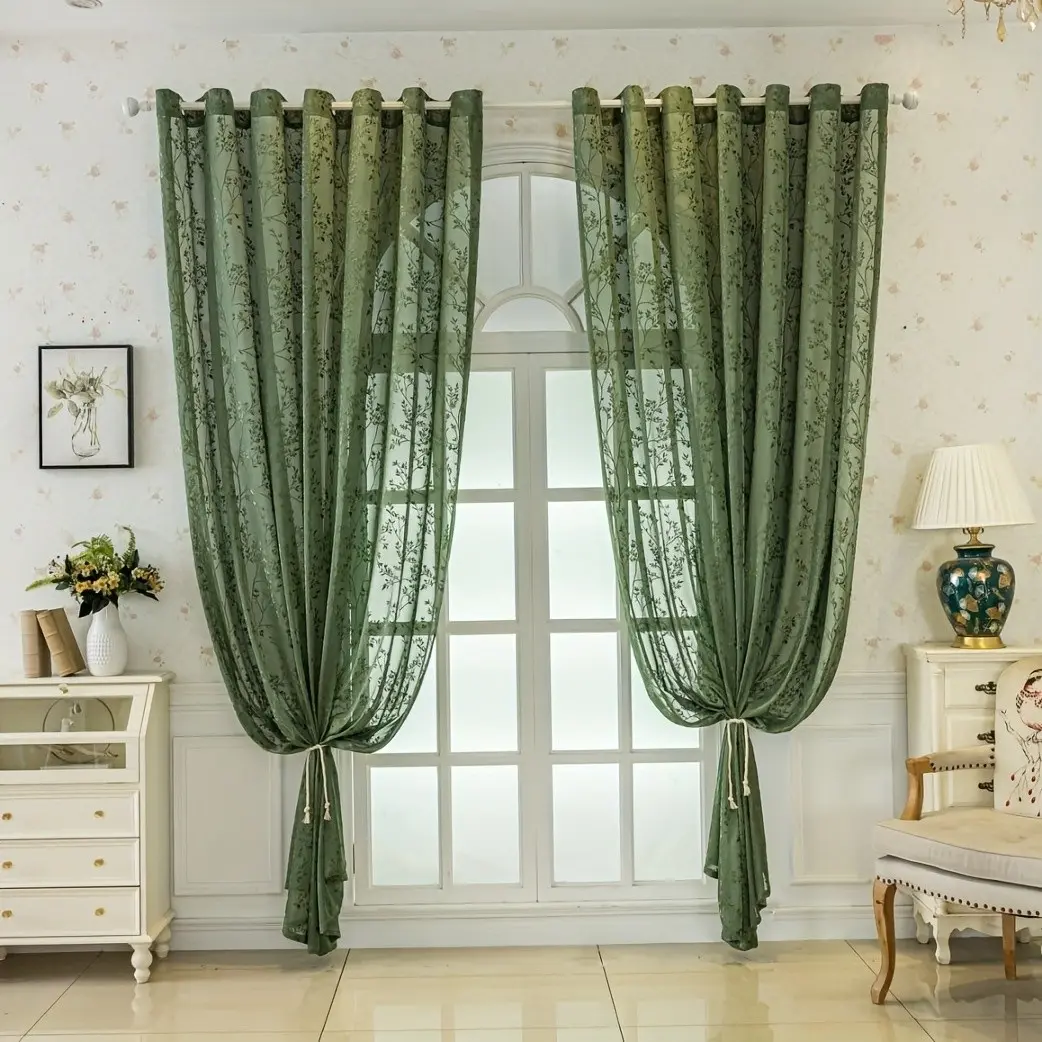Single piece, Korean pastoral style hollow branch embroidered sheer curtain in elegant dark green, featuring top grommet design for easy hanging, washable, suitable for multiple scenarios such as living room, bedroom, study, kitchen, balcony.