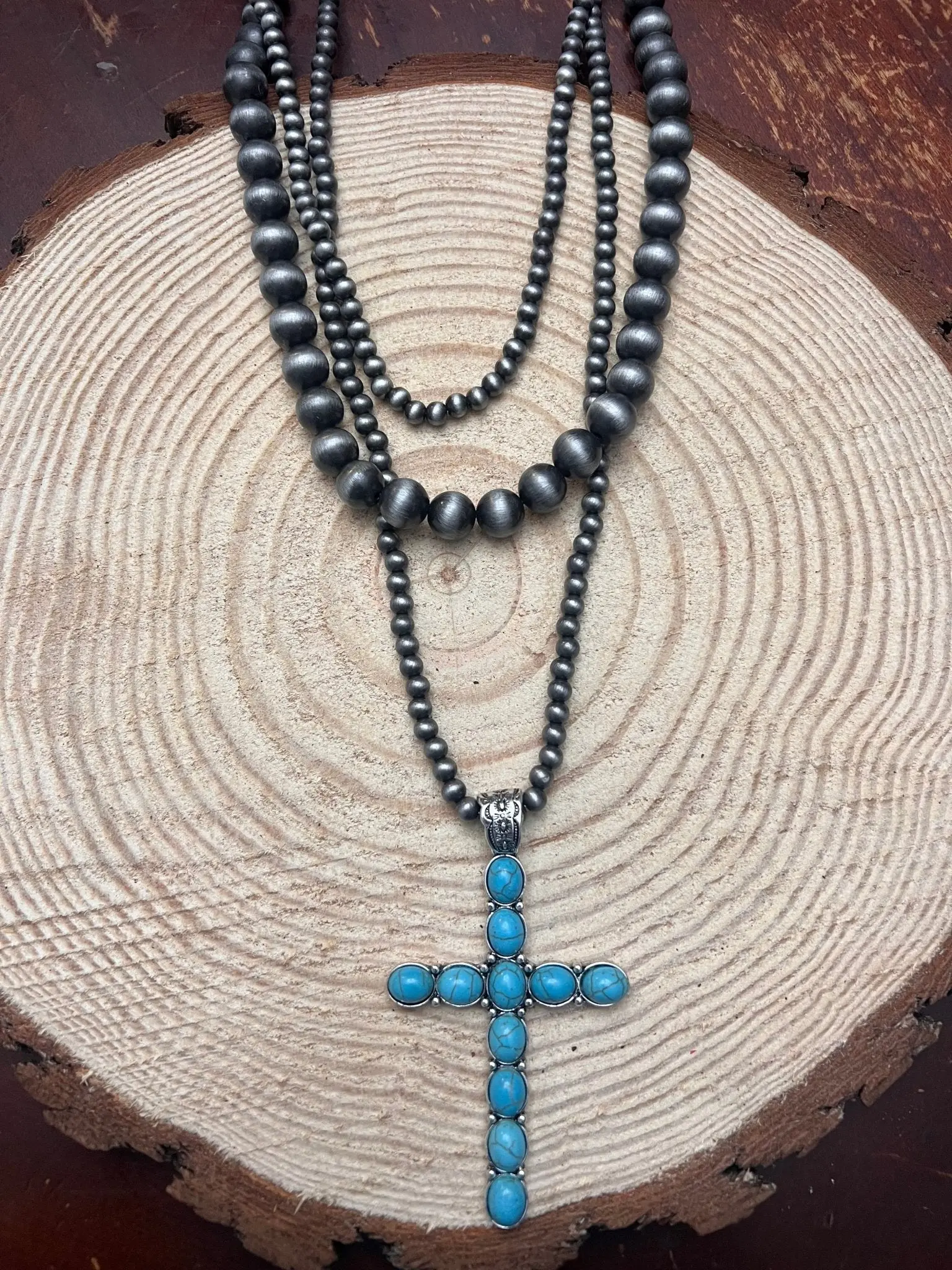 Western Turquoise Cross Three-Layered Necklace — Faux Pearl Trio with 3" Cross Pendant