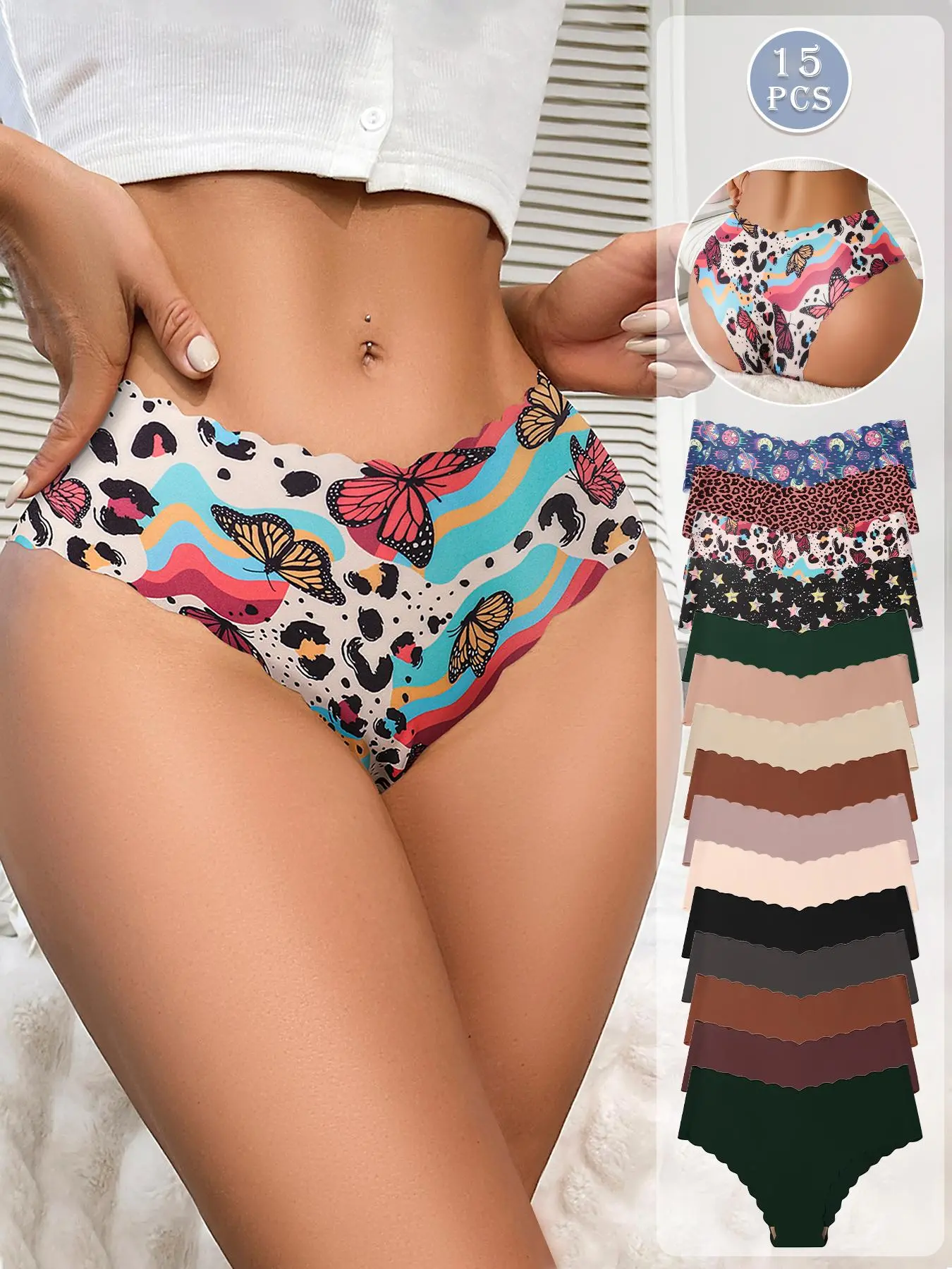3/5/6/7/10/15 Pack Women's Wavy Edge Seamless One-Piece Triangle Panties, Leopard, Cherry, Colorful Print, Simple, Comfortable, Skin-Friendly, Breathable, Fitted Underwear, Slim Fitting Underwear, Suitable for All Seasons