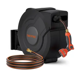 NEOTEC Retractable Garden Hose Reel 100ft/130ft/150ft- Wall Mounted Heavy Duty Hose Reel with 3/4 Inch Brass Fittings & 9-Pattern Nozzle - Auto Rewind System, Any Length Lock, 180° Swivel Bracket