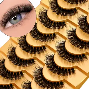 GROINNEYA 10 Pairs Furry Fluffy Volume False Eyelashes Soft C-Curly Eyelashes Wispy Faux Mink Eyelashes, Lightweight Natural Eyelashes, Natural Cat Eye Lashes With Thin Invisible Band,Suitable For Dates And Christmas Parties,Versatile Makeup Look