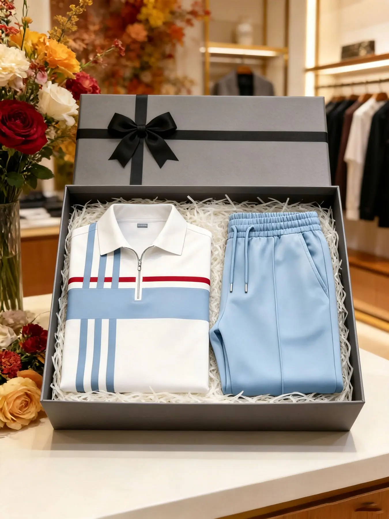 Men’s 2 Piece Tracksuit Set, Color Block Zip Collar Short Sleeve Polo & Light Blue Drawstring Long Pants, Soft Breathable Daily Golf Casual Summer Outfit For Men