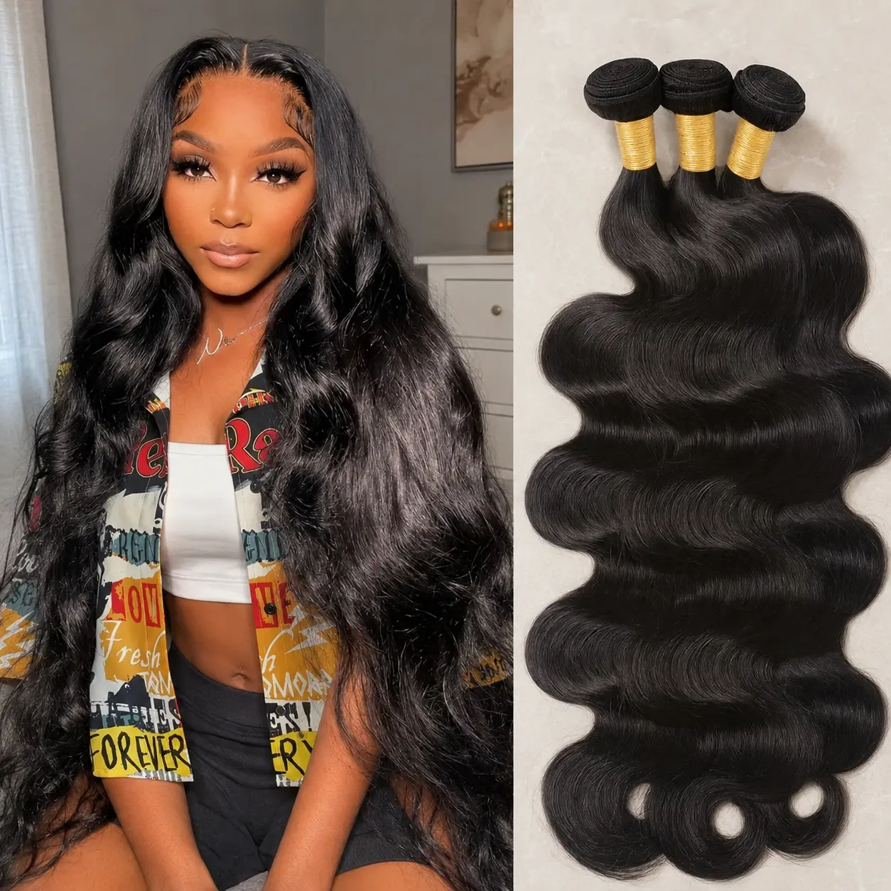 Human Hair Bundles, Straight, Body Wave & Deep Wave, Natural Black Soft Full Weft Hair Extensions for Sew-In, Quick Weave and DIY Hairstyles for Black Women