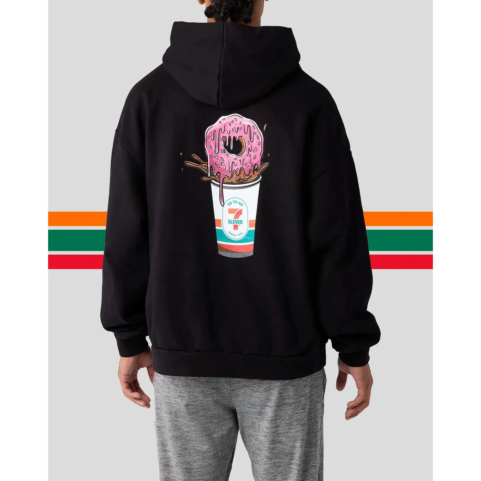 PSD Mens 7-Eleven Cup Donut Black Hoodie, Hooded Sweatshirt with Front Pocket