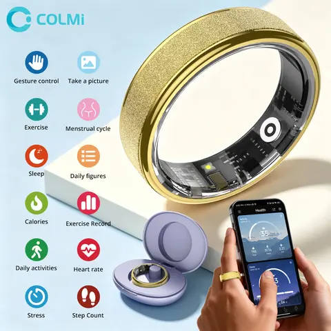 COLMI Smart Ring 2 Radiant - 5 ATM Waterproof Automatic Fitness Tracker, Bluetooth Digital Wireless Wearable, Women's-Friendly Design, Temp Tracking, App Connection, Couples Option, Gold & Black, Charging Box, Long-Lasting Battery, Electronic Gadget,techv
