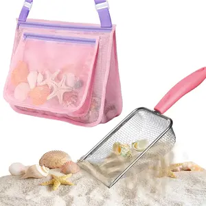 Beach Mesh Shovel with Mesh Beach Bag for Shell Collecting,Metal Shark Tooth Sifter Sand Dipper Beach Scoop for Kids Boys Girls