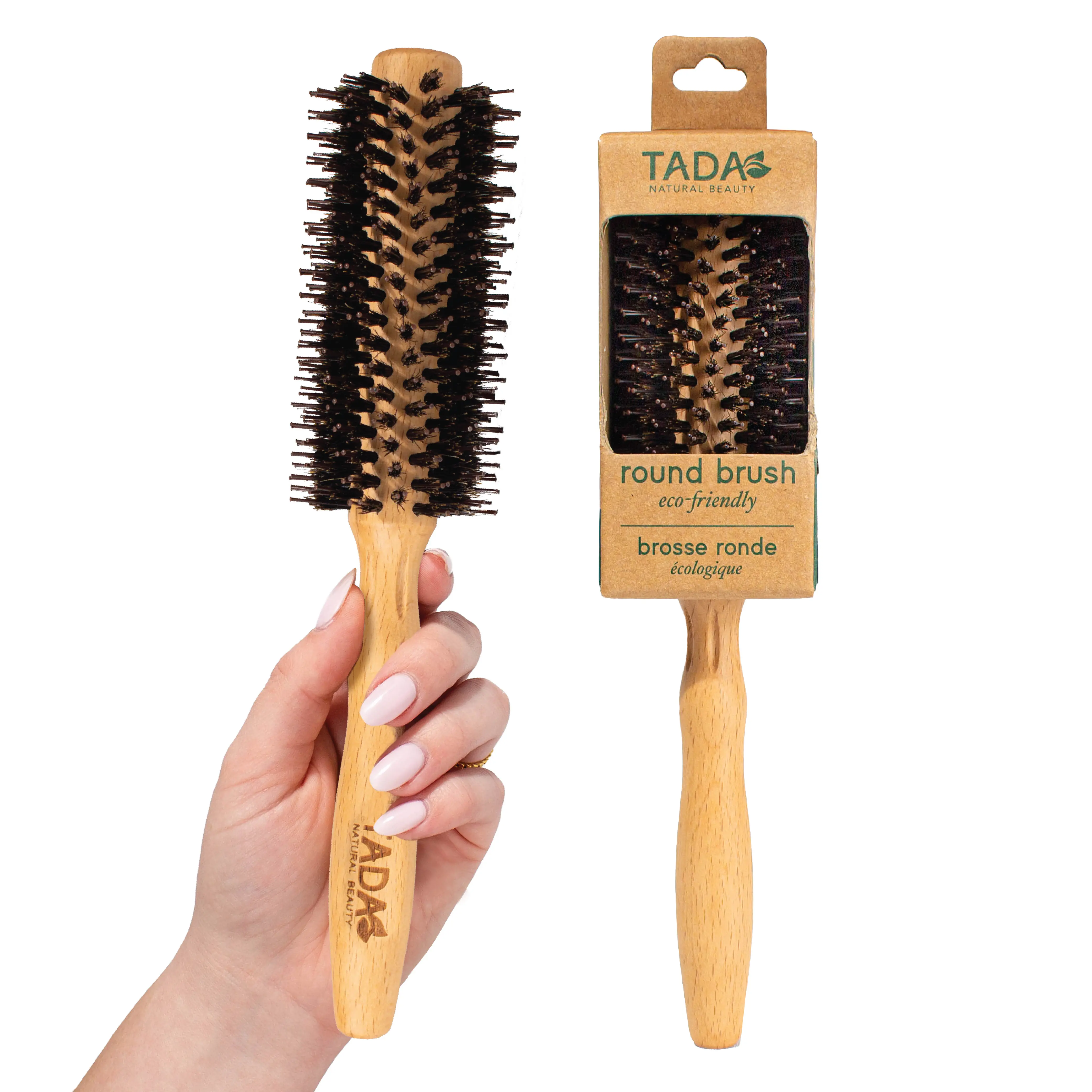 TADA Natural Beauty Boar Bristle Hairbrush - Wood Handle Round Tool for Blowout, Curly Hair Volumizing & Anti-Frizz Styling (Hair Products)