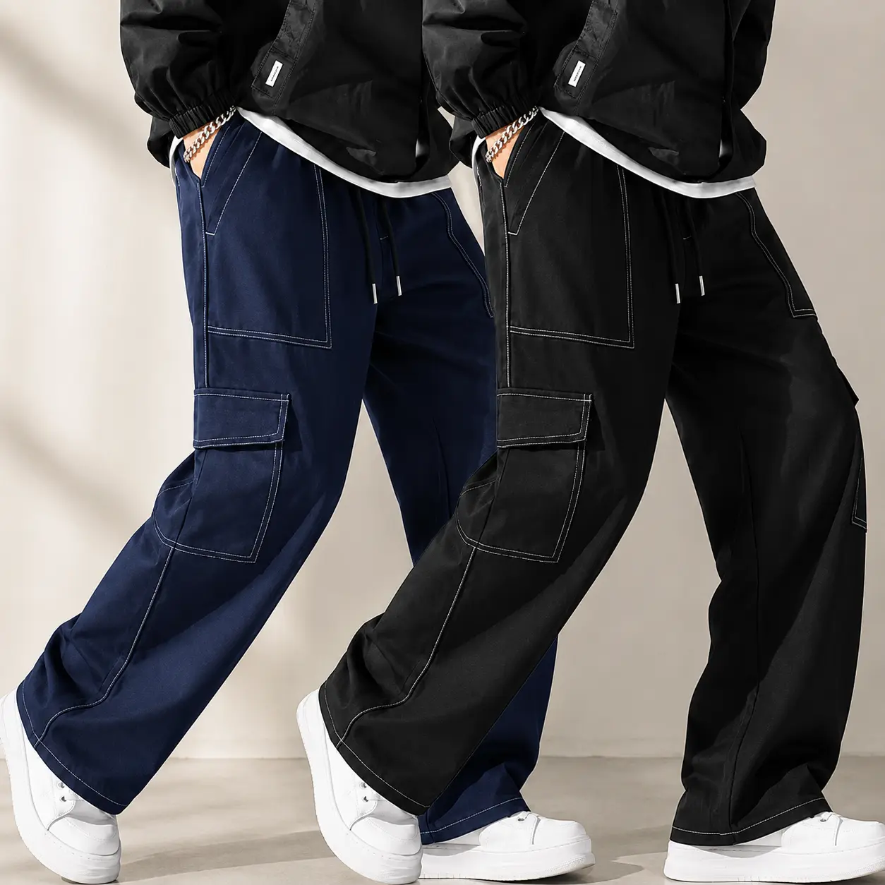 2-Pack Men’s Contrast Stitch Cargo Pants, Baggy Wide-Leg Multi-Pocket Drawstring Utility Trousers, Casual Streetwear Pants
