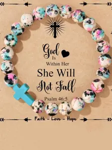 Boho Style Cross Charm Beaded Bracelet, Fashionable Elastic Beaded Bracelet for Women & Girls, Trendy All-match & Exquisite Blue Jewelry for Birthday Gift