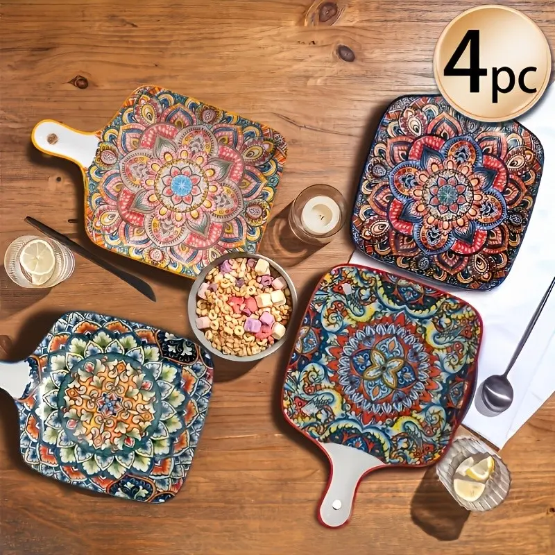 Set of 4 9inch Bohemian Ceramic Plates with Handles, Vintage High-Quality Glazed Design, Perfect for Salad and Hot Dishes, Salad Serving Plates, Dinner Plates, Ideal for Family Use and Gatherings, Plate Sets, Ceramics Plate