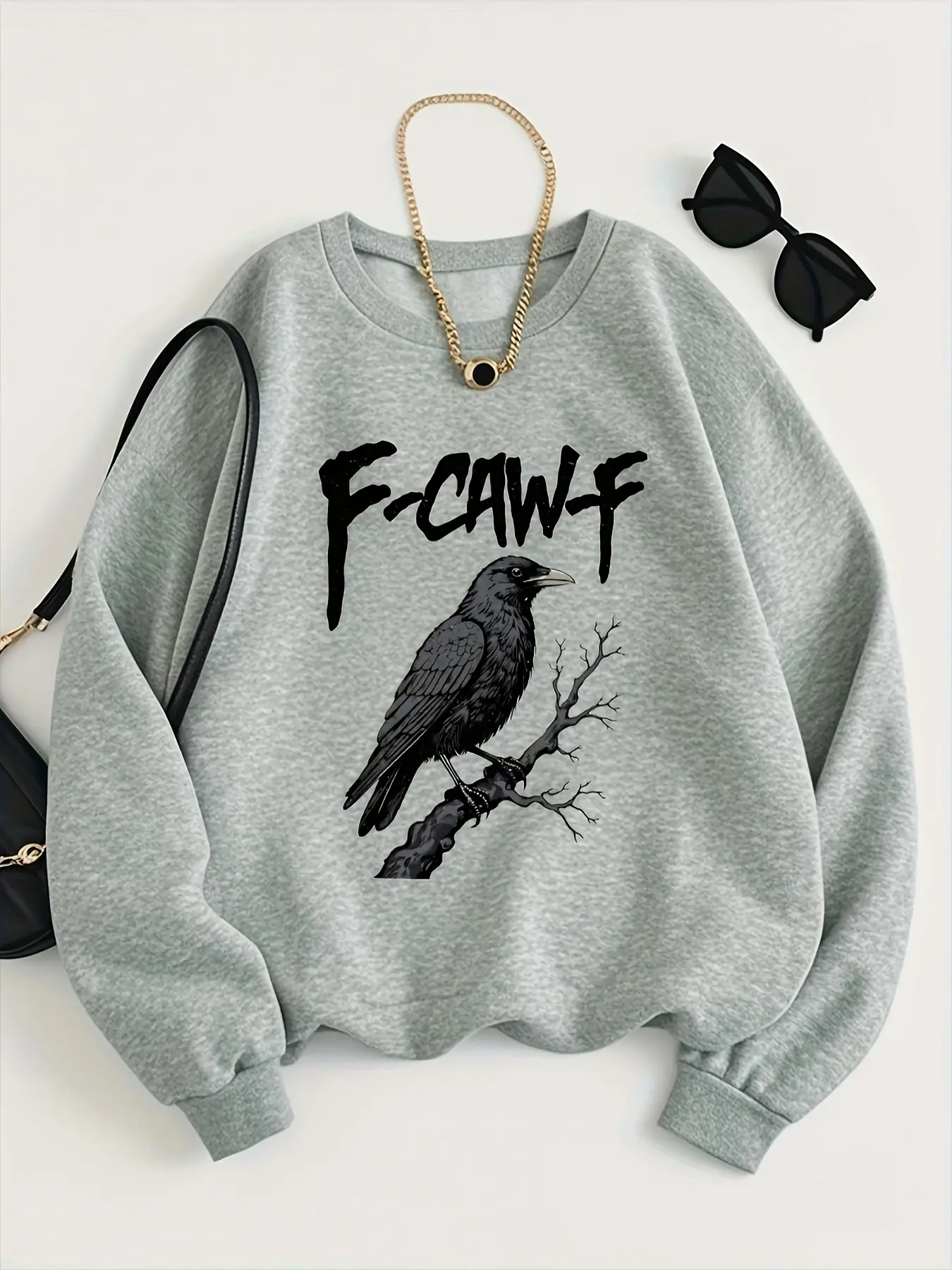 F-Caw-F Funny Crow Black Bird Sweatshirts, Casual All-Season Comfort, Machine Washable Long Sleeve Sweater, Gothic Letter Print Sweatshirt