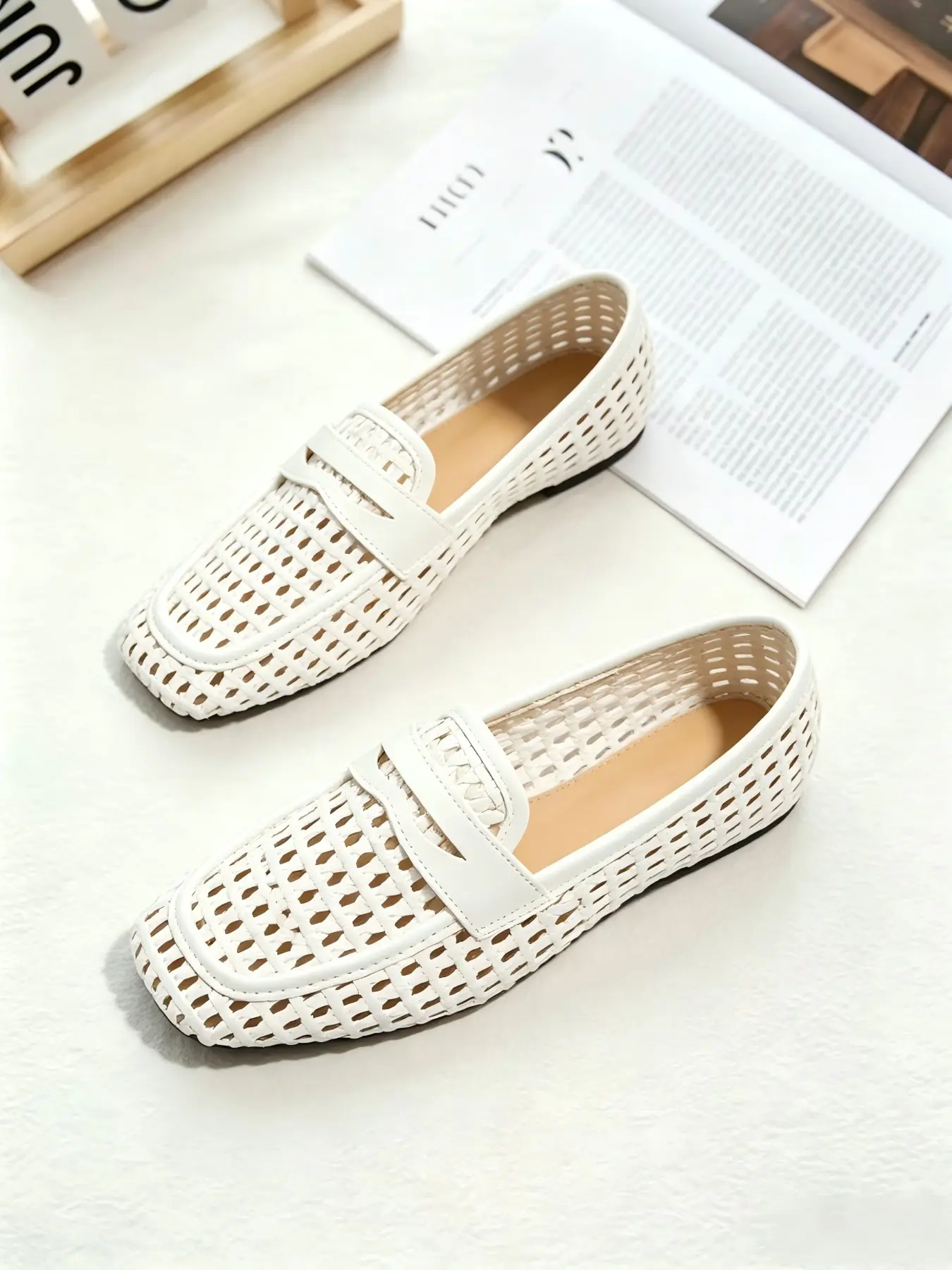 Women's Slip-On Shoes, Comfortable Fit, Vintage Style, Breathable Woven Material, Square Toe Open-Toe Design, Versatile for Commuting, Summer Flat, Flat Casual Shoes