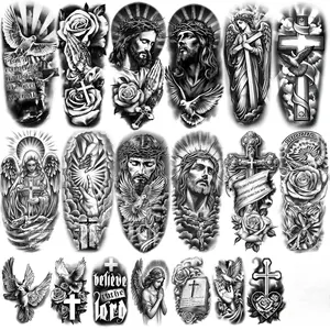 77-Sheet Waterproof Christian Temporary Tattoos - Traditional Religious Jesus Cross Angels God Half-Arm Fake Tattoos for Adults, Halloween Body Art with Realistic Tiny Designs, Water Proof