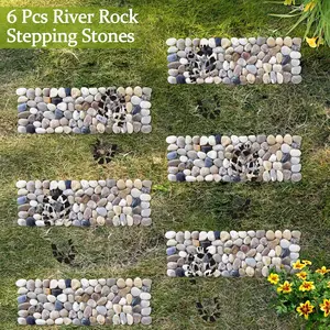 6 Pcs 15.5" L × 5.5" W River Rock Stepping Stones, Rectangles Pebbles Polished Gravel, Outdoor Pebble River Stone Mat for Yard Lawn Patio Pathway Landscaping