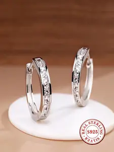 S925 Sterling Silver Huggie Hoop Earrings, Hypoallergenic Small Hoop Earrings with Princess Cut Cubic Zirconia, Channel Set Sparkling Earrings for Women, Silver & Gold Plated Options, Fashionable Huggie Earrings, Ideal Daily Wear & Jewelry Gift