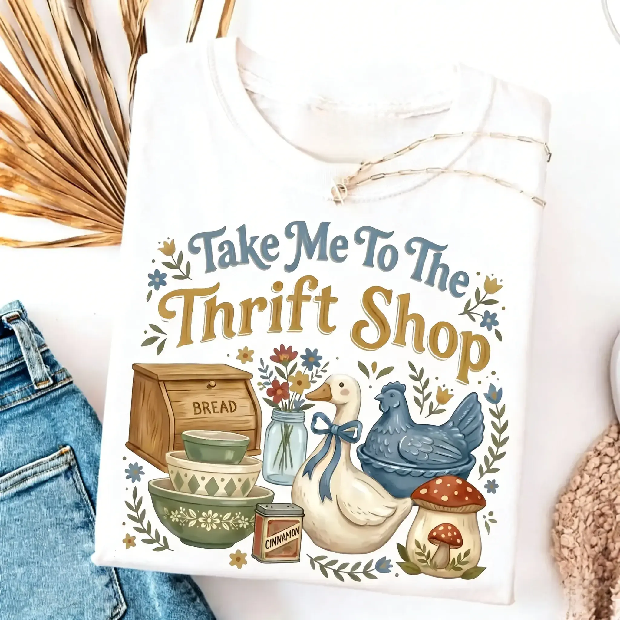 Women's Crew Neck Vintage Print Graphic Tee - "Take Me To The Thrift Shop" Casual Loose-Fit Streetwear T-Shirt, Round Neck