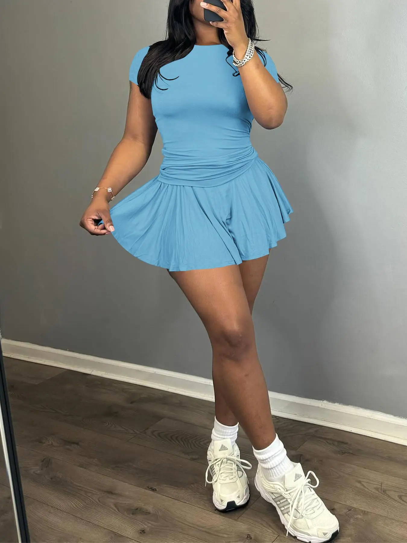 Women's Spring Summer Fashion Casual Sporty Sexy Plain Two-Piece Short Skirt Set, Activewear Clothing, Activewear Look, Summer Athletic Wear, Summer Sports Clothes, Sportswear Clothing, Fitness Outfits, Fitted Style, Perfect for Daily Wear