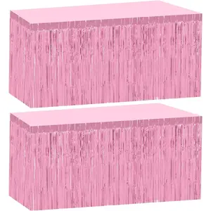 2 Pack 29.5x108 Inch Pink Foil Tinsel Fringe Table Skirts Disposable Table Skirts for Rectangle Tables Curtains Backdrop Parade Wedding Floats Baby Shower Birthday Mardi Gras Party