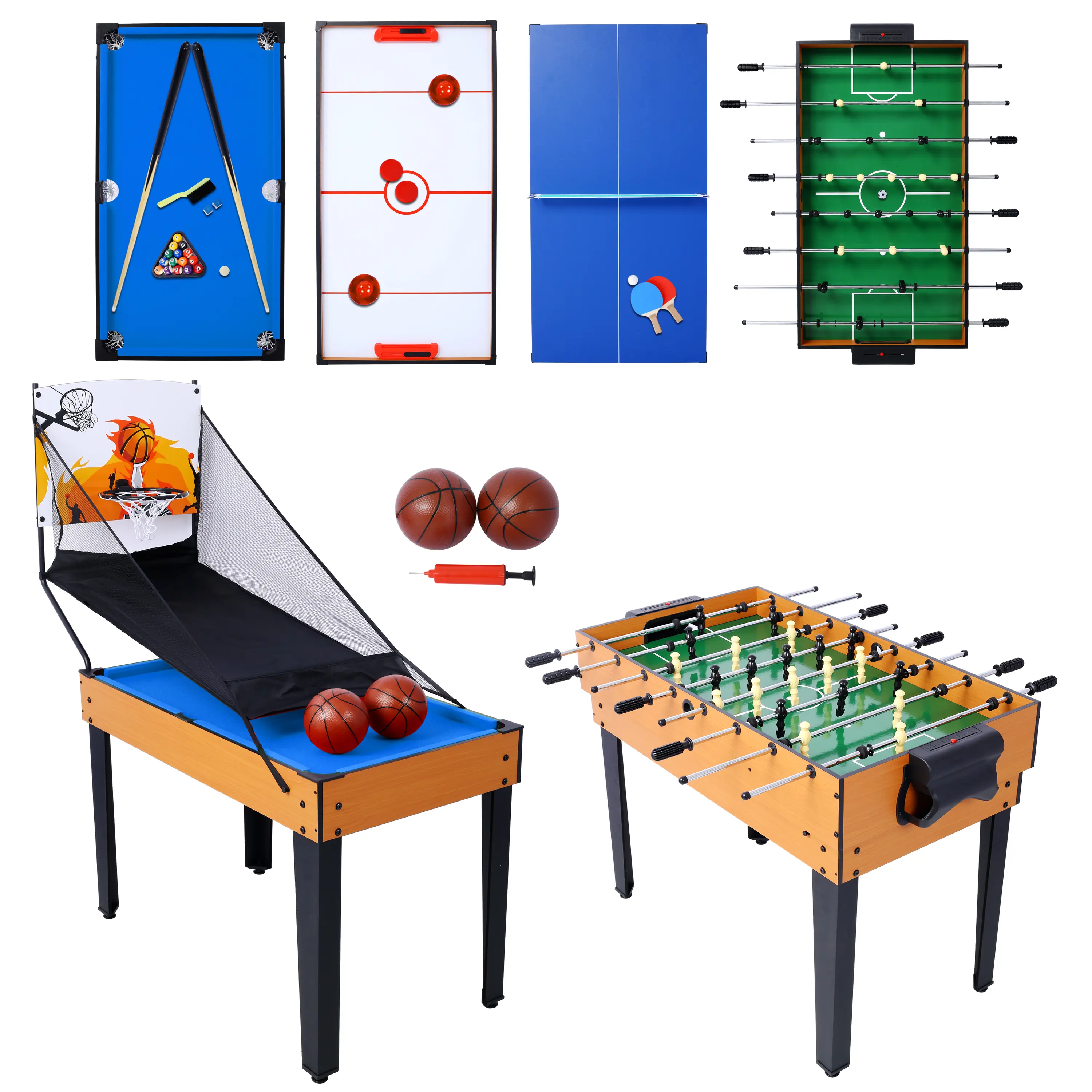 5-in-1 Multi-Sports Game Table - MDF+Metal Unisex Unit with Billiards, Push Hockey, Foosball, Table Tennis, Basketball, All-Inclusive Accessories, Adjustable Legs, Durable Construction (1090x615x810mm, Brown/Blue) for Home Practice