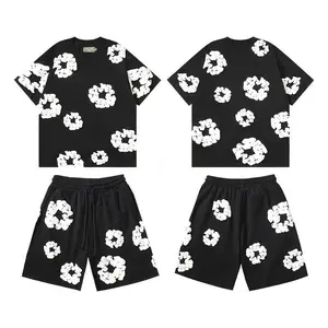 Denim Tears 2026 Summer Y2K USA High Street Casual Loose Long Length Black Short Sleeve T-Shirt & Ripped Denim Shorts Cotton Foam Two Piece Set For Women Men - Womenswear, Clothes Suits