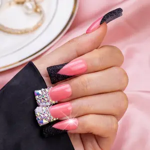 Kawaii Hot Pink French Press on Nails Long Duck Flared Square 3D Bows Pearl Stars Bling Reusable Salon Quality 10PCS