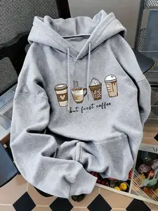 Women's Fashion Coffee Letter Print Fitted Hoodie, Kangaroo Pocket, Long Sleeve, Casual Fall & Winter Sweatshirt, Christmas New Year