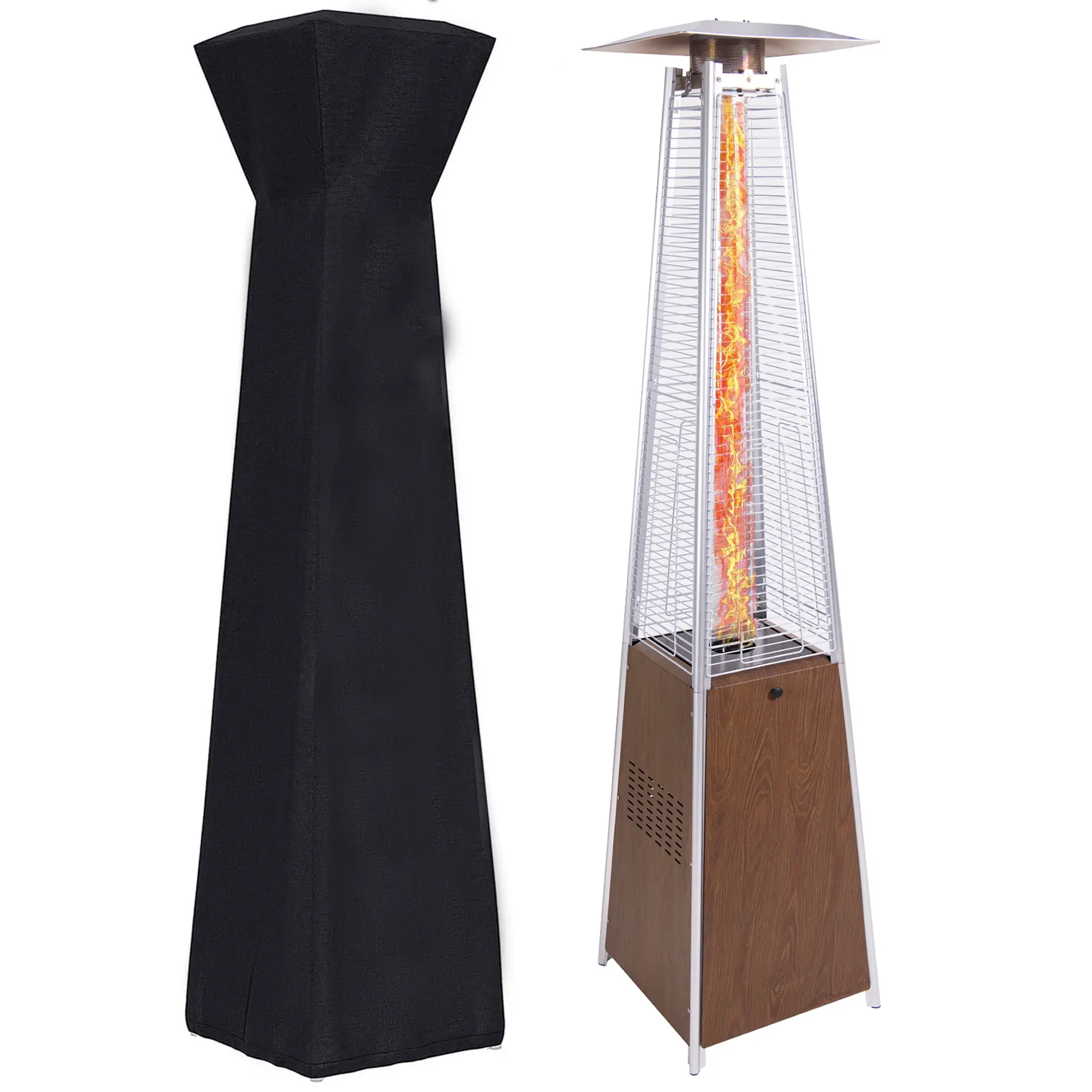 48,000 BTU Propane Patio Heater with Glass Tube, 360° Heat, Detachable Wheels, Protective Cover, Brown Stainless Steel, for Outdoor Terrace Garden Poolside Commercial Residential