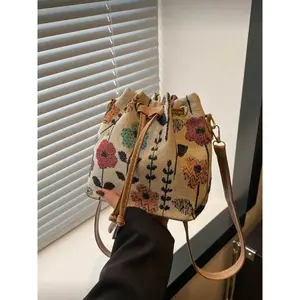 Stylish Floral Pattern Vintage Drawstring Bucket Bag, Casual Crossbody Bag for Women, Ideal for Daily Work and Date Gifts