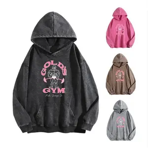 Holafish GYM Print Acid Wash Hoodie Essential For Fitness Enthusiasts Vintage 2026 Sweatshirt Oversized Loose Fit Winter Warm Streetwear Casual Tunic graphic，
