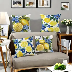 4pcs. Lemon Breeze Pillow Case Set with Watercolor Painted Lemons, Slices of Lemon, Blue Flowers & Green Leaves Without Pillow Core