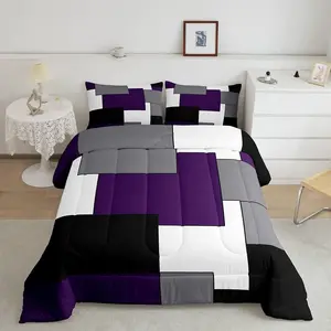 Feelyou Microfiber Decorative Bedding Set - Square Geometric Stripes Lines Comforter Set for Young Men, Modern Quilted Duvet in Grey, Purple, White, Black, Microfiber Bedding Set