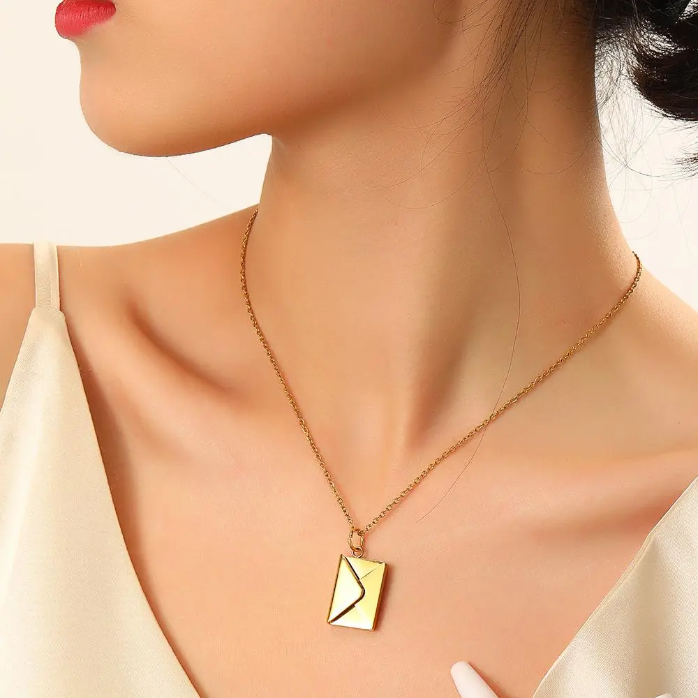 Gold Plated Amulet Envelope Necklace - Stainless Steel LOVE YOU Engraved Pendant, Adjustable Clavicle Chain, Simple Anniversary Gift for Girlfriend