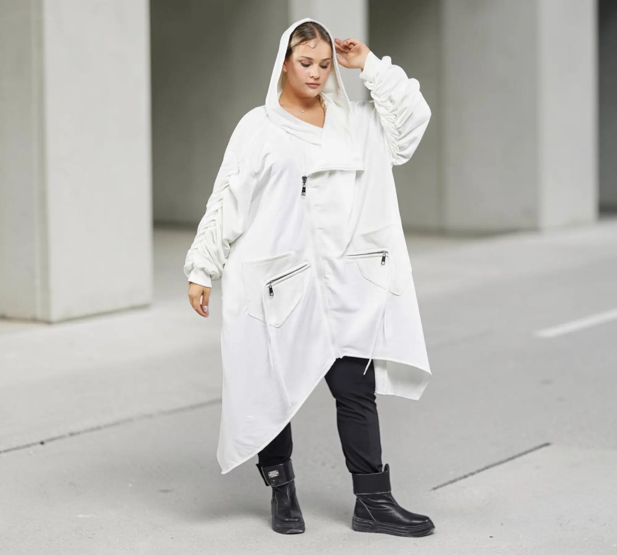 Plus Size White Asymmetrical Hooded Trench Coat