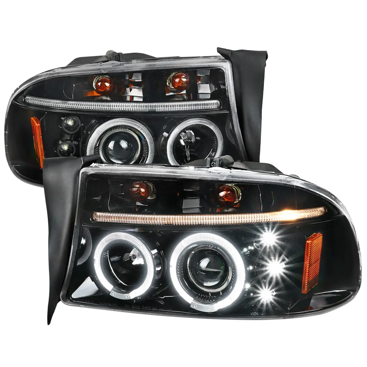 SPEC-D TUNING Dual Halo LED Projector Headlight Assemblies & Components - Boxed New, ISO Certified Halo Set for 1997-2004 Dakota, 1998-2003 Durango (Jet Black Housing)