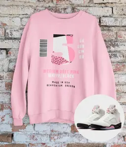 JD 5 Medium Soft Pink Matching Crewneck Sweatshirt Featuring Sneaker Label Graphic, Urban Street Style for Fashion Enthusiasts