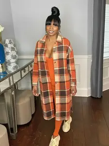 Women's Plaid Print Button Front Split Hem Overcoat Jackets, Casual Drop Shoulder Long Sleeve Collared Coat for Fall & Winter, Women's Clothing for Daily Wear