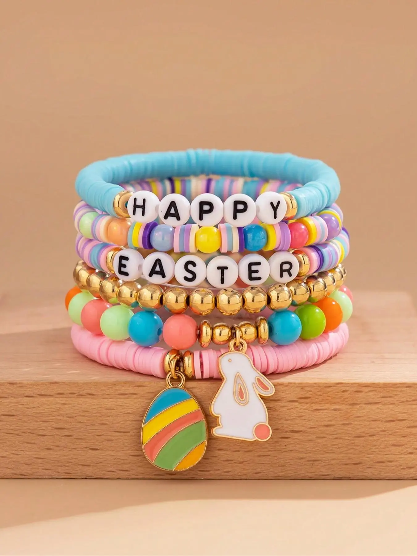 Fashion Easter Bunny Egg Pendant Bracelet Set, Colorful Soft Clay Letter Beads, Casual Daily Wear Jewelry Gift