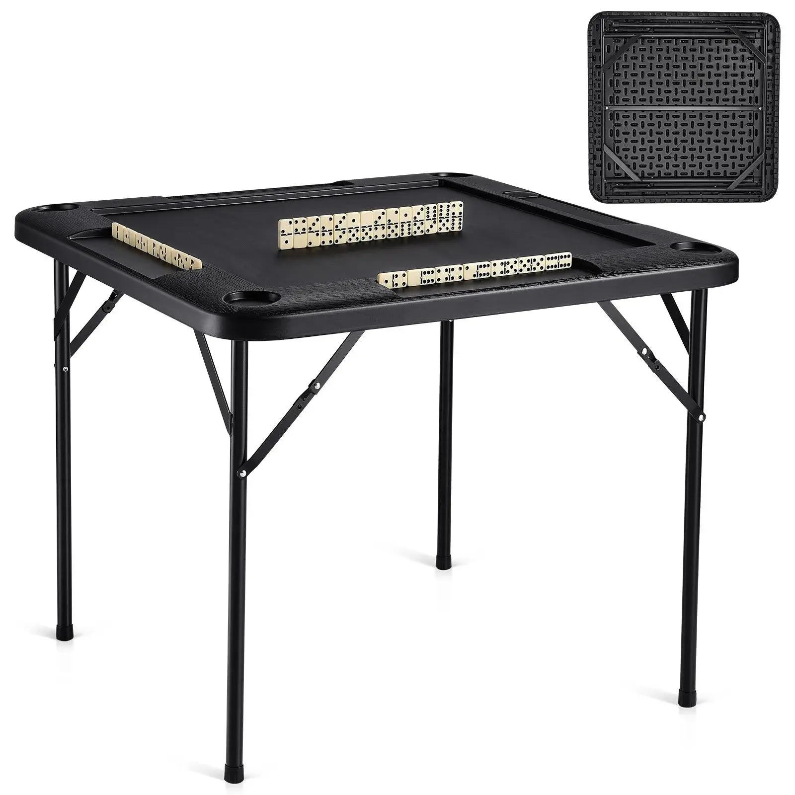 VEVOR 4-Player Lightweight Folding Mahjong & Dominoes Table, High Density Polyethylene, 4 Cup Holders, Chip Trays, Easy Access to Drinks, Durable, Stable for Family and Friends, Black, Foldable Table