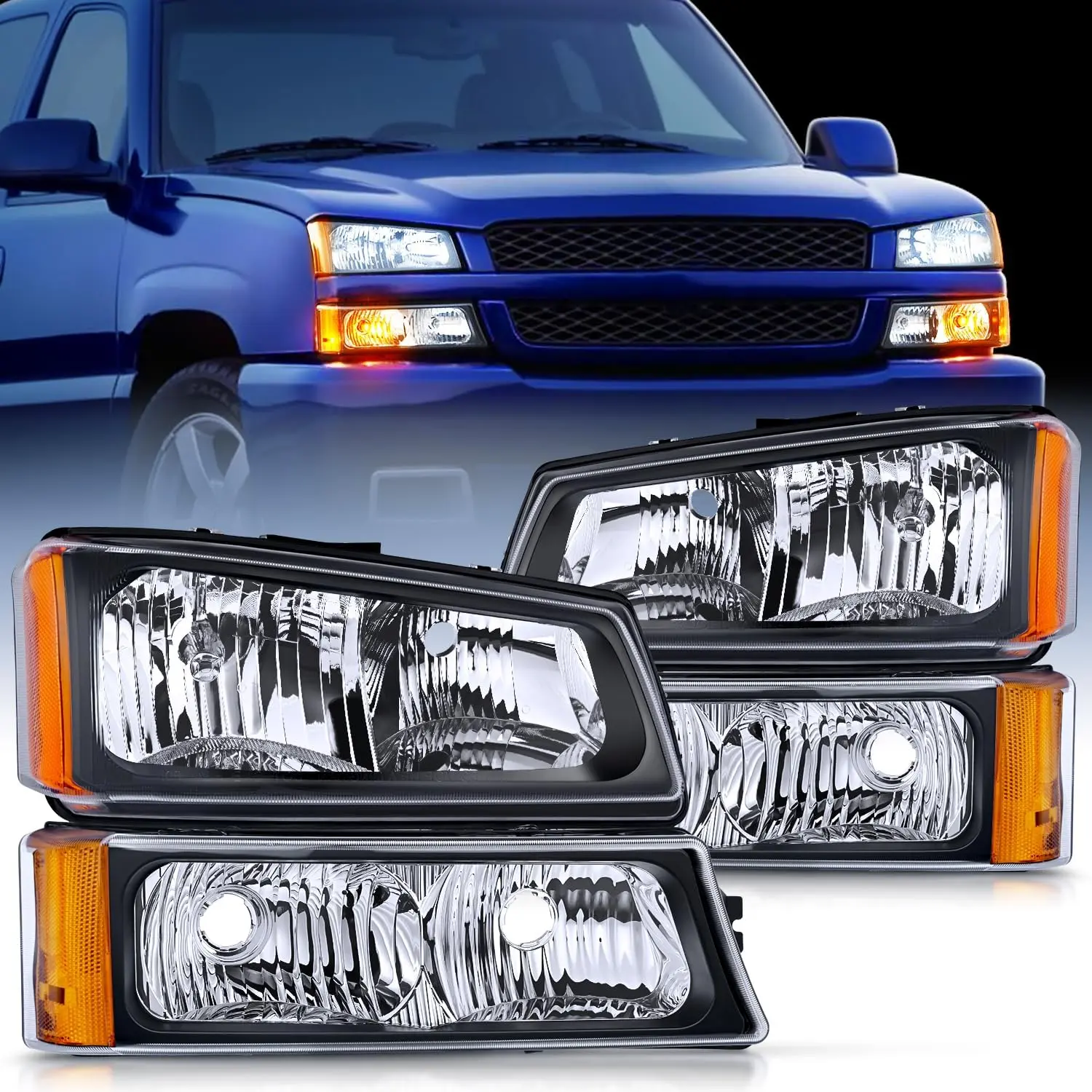 Nilight Carlights Headlight Kit - 2003-2006 Fit Truck Headlight Assembly for Chevy Silverado/Avalanche 1500/1500HD/2500/2500HD/3500, IP65 Black Housing Amber Reflector Bumper Lamp Replacement Set