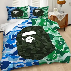 Blue and Green Camouflage Digital Print Duvet Cover Set, Stylish Monkey Head  Bedding Set, Modern Minimalist Design, Soft and Cozy Material, Ideal for Trendy Bedroom Makeover, 2/3Pcs, Includes 1 or 2 Pillowcase - No Filling/Zipper Closure