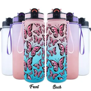 Butterfly Pattern Water Bottle, 1 Count 32oz Sports Water Bottle with Time Marker, Suitable for Sports, Fitness, Outdoor Travel, Drinkware