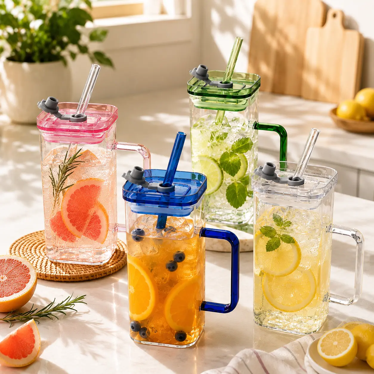 24oz Reusable Colored Glass Tumbler with Straw & Lid, Square Drinking Glass for Iced Coffee, Water, Tea & Juice, Portable Glass Cup, Smoothies & Cold Drinks