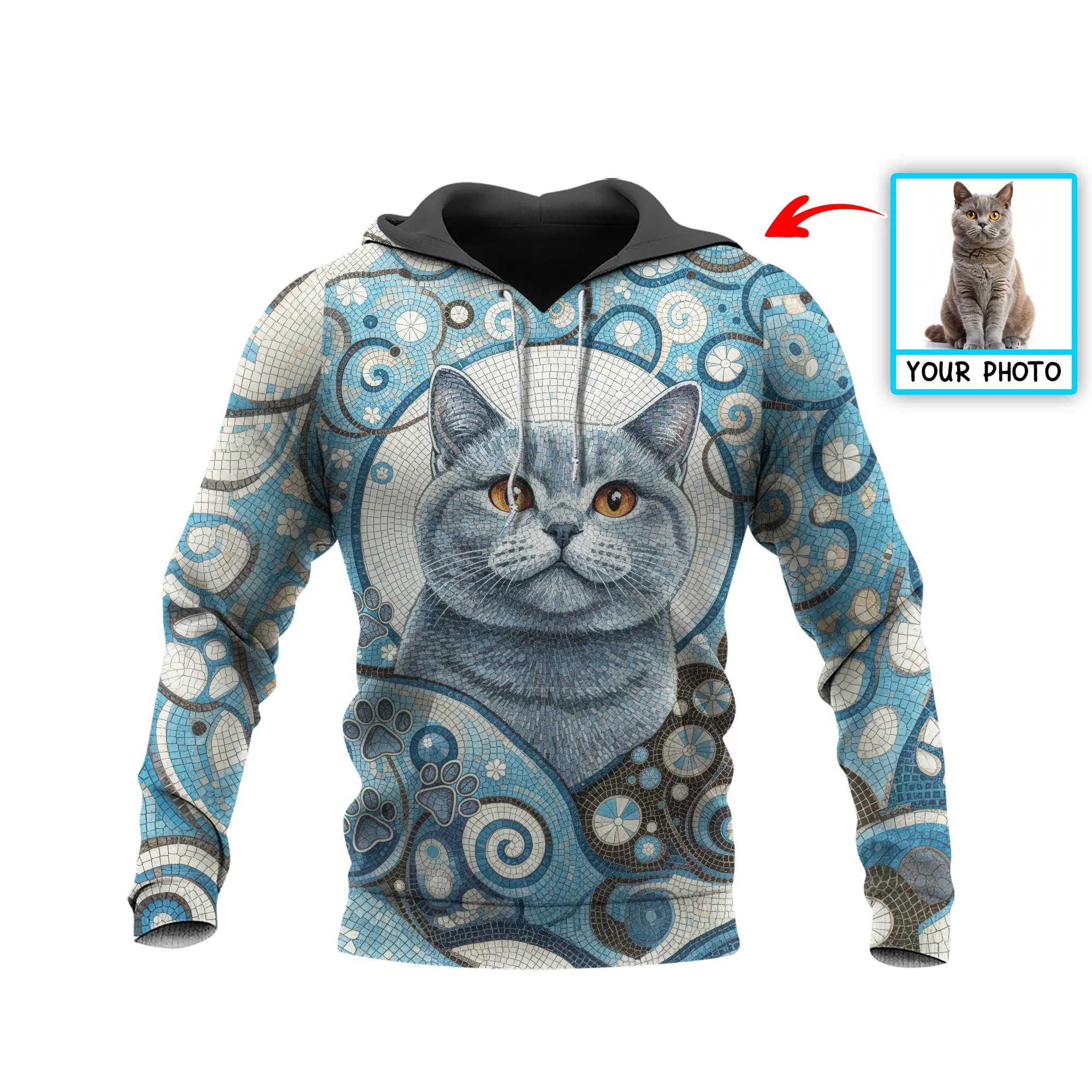 Custom Cat Mosaic Art Hoodie – Personalized Pet Photo Hoodie, Custom Pet Portrait Sweater, Gift for Cat Lovers, Custom Cat Clothing
