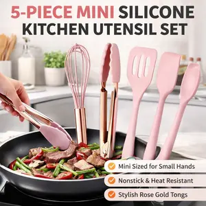 Rose Gold & Pink Mini Kitchen Set – 5 Piece Silicone Baking Tools with Whisk, Spatula, Tongs, Spoon & Slotted Spatula – Non-Stick Cooking Utensils, Cute Gift for Women & Girls