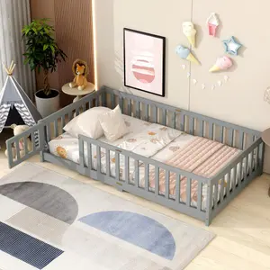 Bellemave Twin Size Rubber Wood Toddler Floor Bed with Safety Guardrails, Fence and Door, Toddler Bed