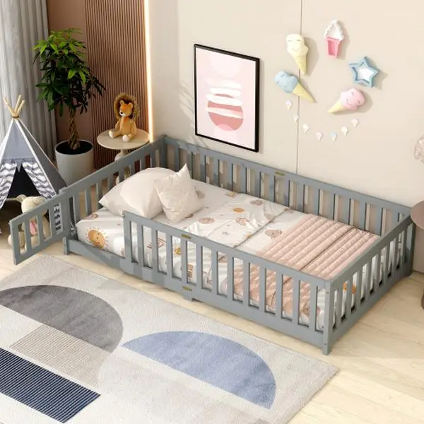 Bellemave Twin Size Rubber Wood Montessori Floor Bed - Toddler Furniture Bed with Safety Guardrails, Fence, Door for Preschool Safe Sleep, Safe Sleep Bed